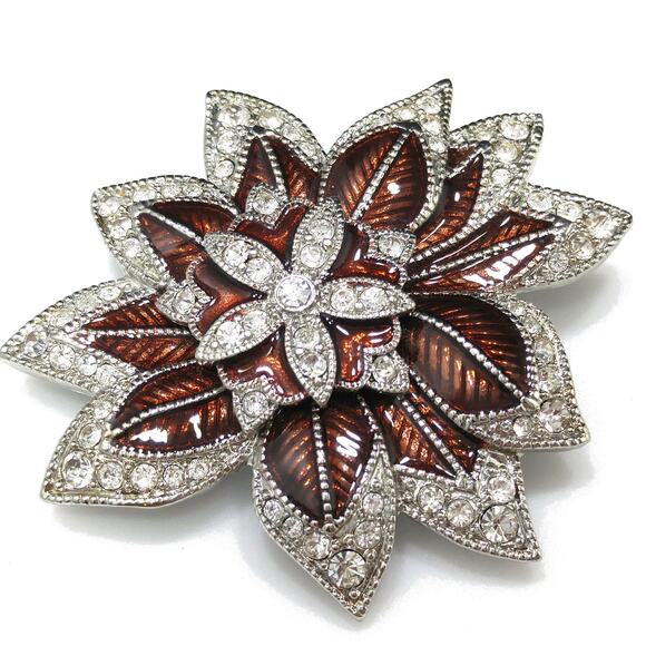 Vintage Monet Bronze Enamel Flower Brooch, Clear Pave Rhinestones - Picture 2 of 10